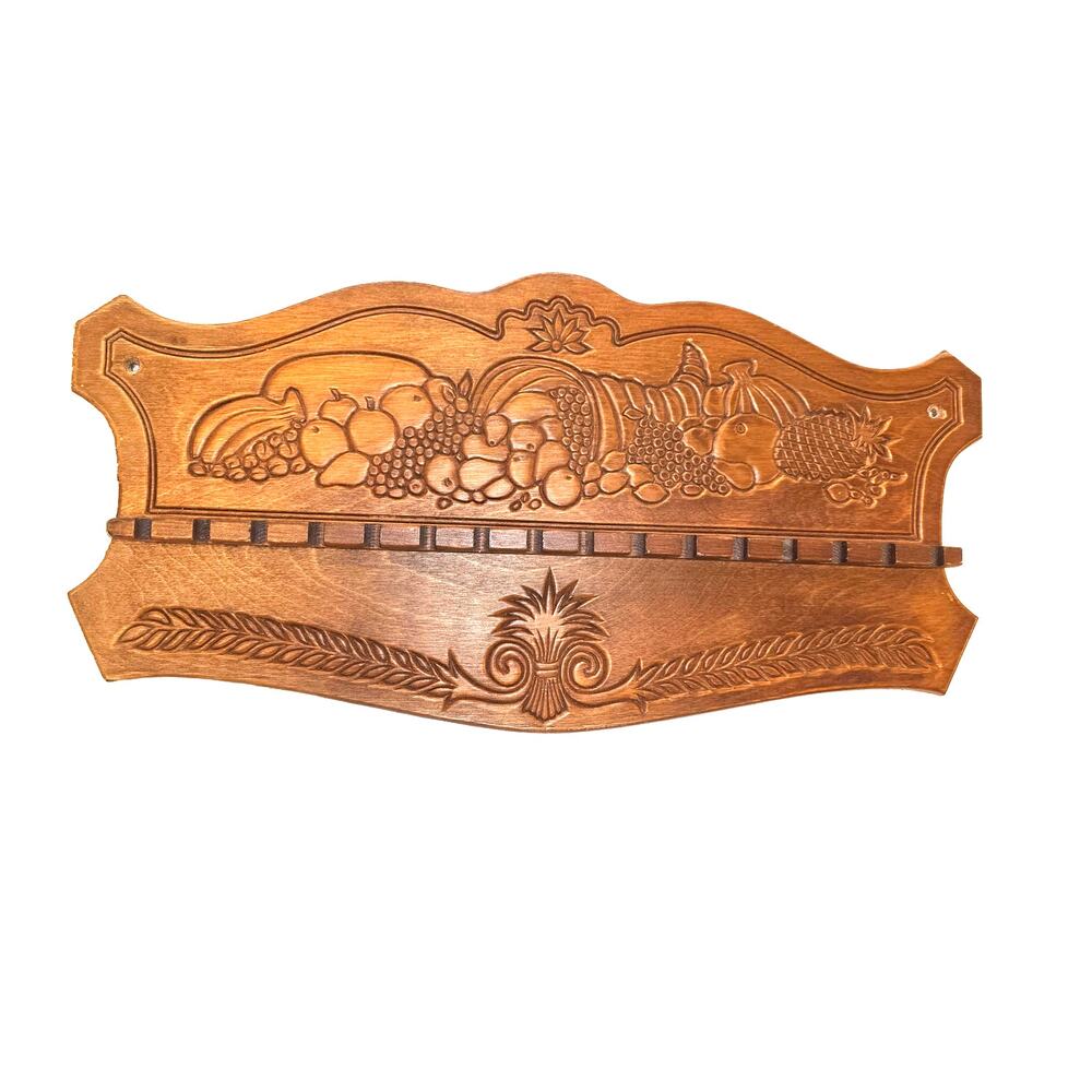 Vintage Carved Wooden Spoon Display Rack Holder 16 Slot Cornucopia Fruit Harvest